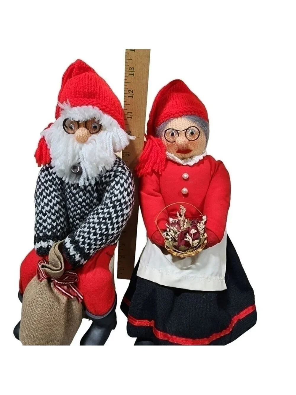 Vtg set Mr. & Mrs. Klaus handmade crochet one of a kind figures sitting on a log